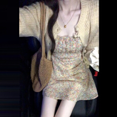 批发韩系独特超好看一整套氛围感圆领针织长袖<b class='q'>开衫</b>收腰显瘦碎花连衣裙