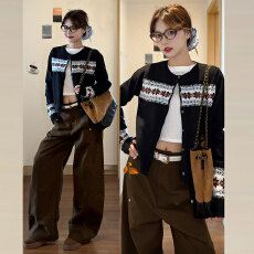 批发美式复古费尔岛黑色毛衣开衫外套女秋冬2025年新款慵懒风针织上衣