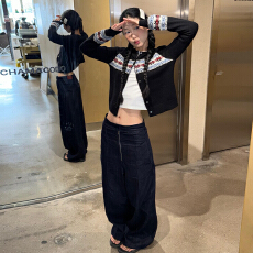 批发美式复古费尔岛黑色毛衣开衫外套女秋冬2025年新款慵懒风针织上衣