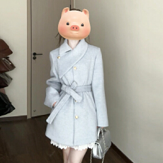 批发韩系高级感蓝色毛呢外套女秋冬季2025新款加厚设计感收腰呢子大衣