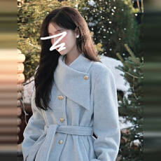 批发韩系高级感蓝色毛呢外套女秋冬季2025新款加厚设计感收腰呢子大衣