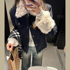 批发美式藏蓝色夹棉加厚外套女2025冬季新款羊羔毛拼接设计感短款上衣