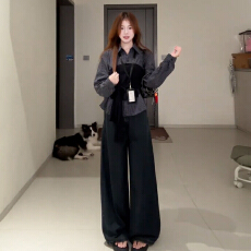 批发2025新款韩系复古假两件格子<b class='q'>衬衫女</b>早秋季设计感衬衣收腰绑带上衣