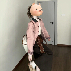 批发2025新款美式复古粉色翻领夹克外套女秋冬季巨好看棒球服开衫上衣