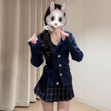 批发甜美温柔学院风针织开衫保暖毛衣小个子收腰格纹百褶裙显瘦两件套