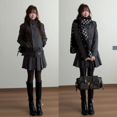 批发小个子韩系灰色毛呢<b class='q'>连衣裙</b>子女秋冬季2025新款绝美巨好看<b class='q'>百褶</b>短裙