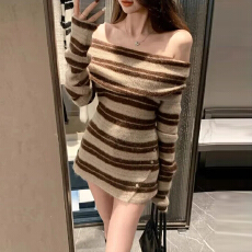 批发韩系气质高级感短裙2025年新款秋冬条纹一字肩内搭针织<b class='q'>连衣裙</b>子女