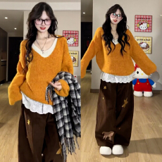 橘色厚毛衣一整套深冬穿搭女秋冬2025新款韩系巨好看气质两件套装