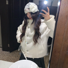批发韩系白色立领羊羔毛<b class='q'>外套女</b>秋冬季2025新款小个子短款<b class='q'>毛呢</b>夹克上衣