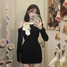 批发法式高级感蝴蝶结黑色长袖针织连衣裙秋冬季内搭打底包臀短<b class='q'>裙子</b>女