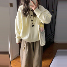 韩系软糯慵懒风连帽毛衣女2025新款秋冬宽松卫衣高级感针织衫上衣