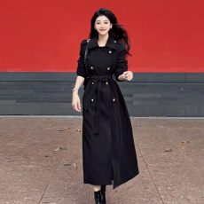 批发2025新款韩系中长款黑色夹棉风衣外套女秋<b class='q'>冬</b>季高级感正肩收腰大衣