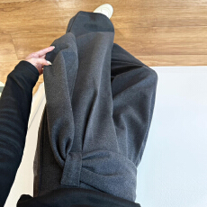 批发灰色加厚毛呢西装阔腿裤女秋冬季设计感绑带高腰垂感直筒休闲裤子