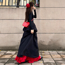 批发法式巨好看花苞蓬蓬长裙2025新款秋冬修身显瘦气质黑色连衣裙子女