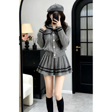 批发2025新款韩系针织连衣裙子女秋冬学院风海军领针织衫高腰半裙套装