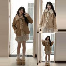 批发韩系小个子甜美上衣2025新款冬季仿羊羔毛翻领拼接<b class='q'>皮毛</b><b class='q'>一体</b>外套女