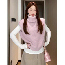 批发法式高领针织马甲背心女<b class='q'>秋</b>冬外穿慵懒风宽松无袖叠穿毛衣马夹上衣