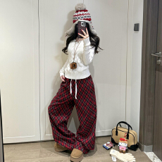 批发复古圣诞穿搭宽松垂感阔腿裤2025新款秋<b class='q'>冬</b>红色格纹抽绳休闲裤子女