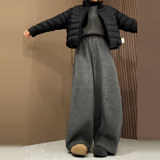 批发加绒灰色针织休闲阔腿裤子女秋<b class='q'>冬</b>季2025新款弯刀裤小个子宽松长裤