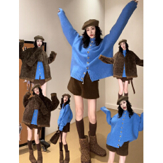 秋冬季2025新款宽松慵懒风高级感内搭针织开衫蓝色高领毛衣外套女