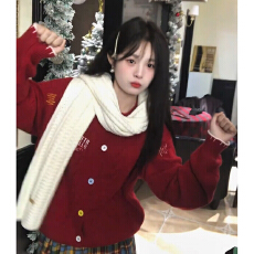 批发圣诞穿搭红色毛衣外套女冬季2025新款高级感慵懒风加厚针织衫上衣