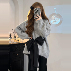 批发蝴蝶结灰色毛衣女秋冬2025新款小个子慵懒高级感宽松加厚针织上衣