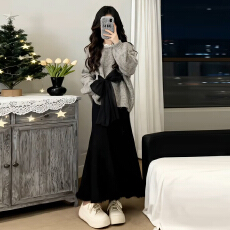 批发蝴蝶结灰色毛衣女秋冬2025新款小个子慵懒高级感宽松加厚针织上衣