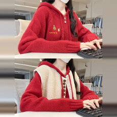 批发圣诞红色毛衣连帽外套女秋冬季2025新款宽松复古加厚针织开衫上衣