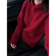 批发圣诞氛围感穿搭红色连帽针织毛衣女秋冬季2025新款可外穿内搭上衣