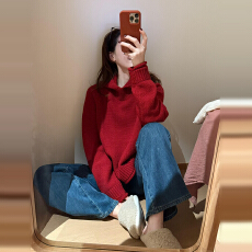 批发圣诞氛围感穿搭红色连帽针织毛衣女秋冬季2025新款可外穿内搭上衣