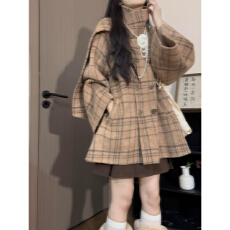 批发巨好看复古格纹毛呢外套女秋冬2025新款高级感宽松韩系呢子厚大衣