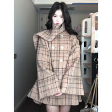 批发巨好看复古格纹毛呢外套女秋冬2025新款高级感宽松韩系呢子厚大衣