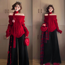 批发圣诞穿搭红色一字肩毛衣套<b class='q'>装</b>女秋冬季2026新款巨好看冬<b class='q'>装</b>套<b class='q'>装</b>韩系