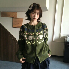 批发绿色复古费尔岛毛衣开衫女2025新款秋冬季圣诞穿搭宽松软糯厚上衣