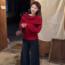 批发跨年穿搭红色一字肩毛衣女秋冬季2025新款慵懒高级感宽松针织上衣
