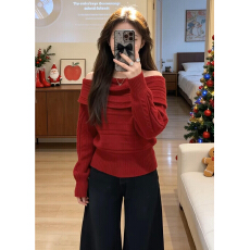 批发跨年穿搭红色一字肩毛衣女秋冬季2025新款慵懒高级感宽松针织上衣