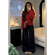 批发跨年穿搭红色一字肩毛衣女秋冬季2025新款慵懒高级感宽松针织上衣