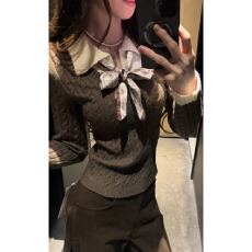 批发韩系拼接假两件长袖打底衫2025新款秋冬复古设计感内搭麻花毛衣女