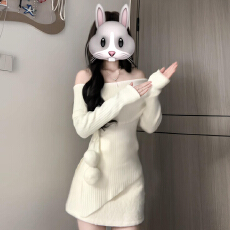 批发法式一字肩毛衣针织连衣裙子女秋<b class='q'>冬</b>2025新款内搭包臀短裙穿搭套装