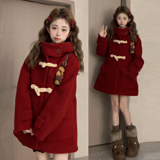 批发复古风圣诞穿搭红色毛呢大衣女外套2025新款秋冬呢子加厚连帽上衣