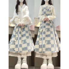 批发法式学院风<b class='q'>复古</b>蓝色格子连衣裙女冬季新款收腰显瘦气质<b class='q'>长裙</b>套装