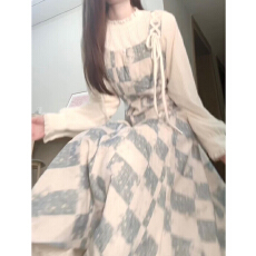 批发法式学院风<b class='q'>复古</b>蓝色格子连衣裙女冬季新款收腰显瘦气质<b class='q'>长裙</b>套装