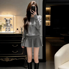 批发慵懒风灰色针织套装连衣裙子女冬季2026新款小个子绝美穿搭两件套