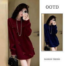 批发冬季新款圣诞新年氛围感立体蝴蝶结圆领针织衫女时尚气质<b class='q'>百搭</b>上衣