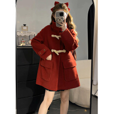 批发新年战袍红色牛角扣大衣女2026新款冬季学院风巨好看毛呢外套