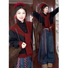 批发设计感撞色假两件红色毛衣可外穿巨好看的秋冬装内搭针织<b class='q'>开衫</b>外套