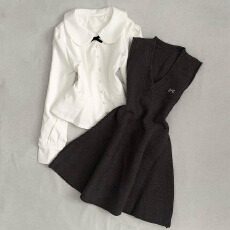 批发甜美蝴蝶结套装连衣裙<b class='q'>女</b>2026新款娃娃领衬衫针织显瘦收腰约会穿搭