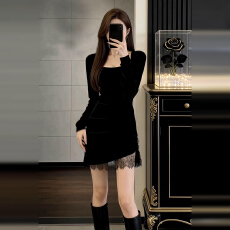 批发2026新款法式高级感黑色<b class='q'>丝绒</b>蕾丝<b class='q'>连衣裙</b>子女秋冬纯欲包臀短裙穿搭