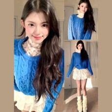 批发蓝色圆领麻花毛衣女秋冬季新款宽松慵懒高级感可外穿内搭<b class='q'>上衣</b>套装