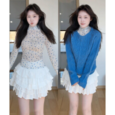 批发蓝色圆领麻花毛衣女秋冬季新款宽松慵懒高级感可外穿内搭<b class='q'>上衣</b>套装